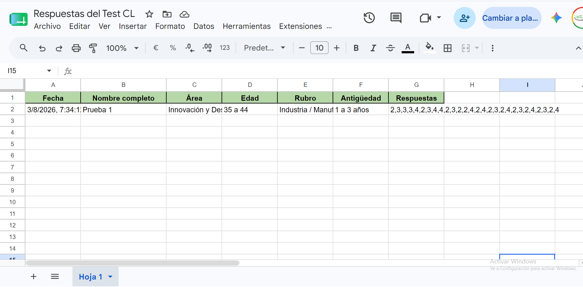Fila cargada con éxito en la Google Sheet